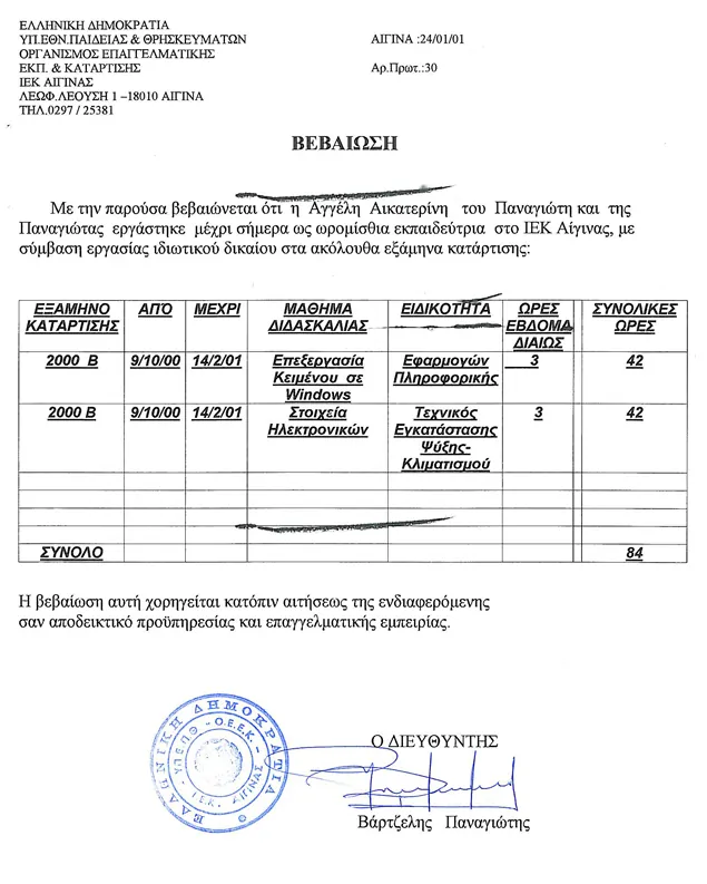 ΙΕΚ Αίγινας – Αποδεικτικό εκπαιδευτή